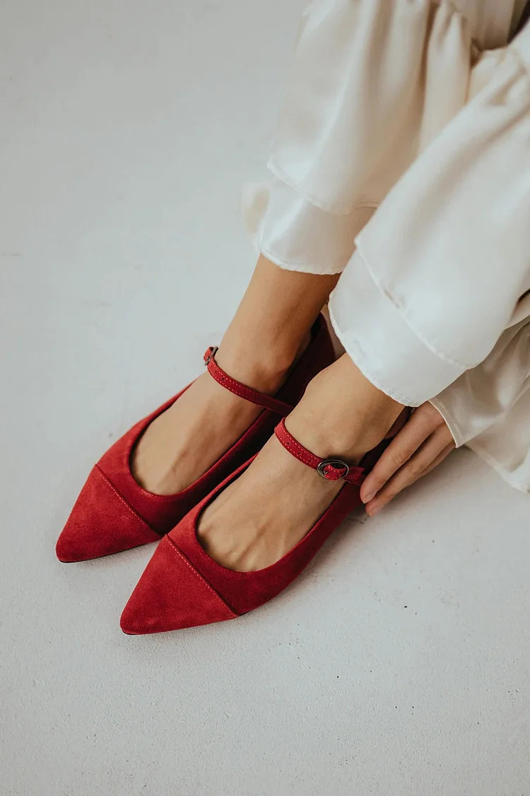 Patchwork Instep Strap Buckle Pointed Toe Red Flats [Pre Order]