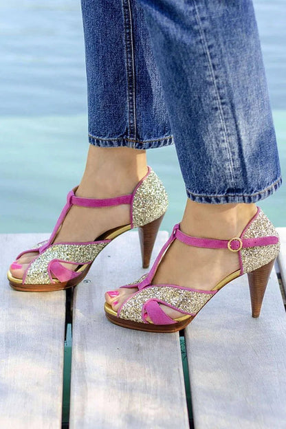 Contrast Color Cutout Glitter T-Strap Buckle Fuchsia High Heels [Pre Order]