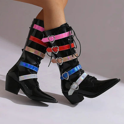 Pointed Toe Multicolor Straps Buckles Lace Up Mid Calf Boots