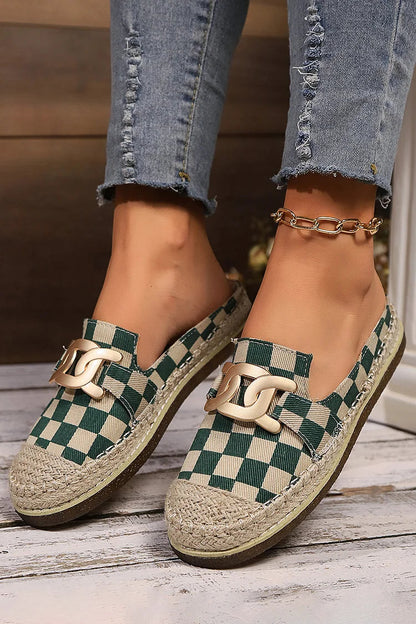 Plaid Metallic Chain Decor Patchwork Round Toe Mules