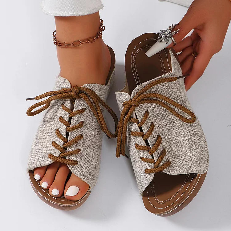 Casual Lace Up Quilted Peep Toe Canvas Wedge Slippers