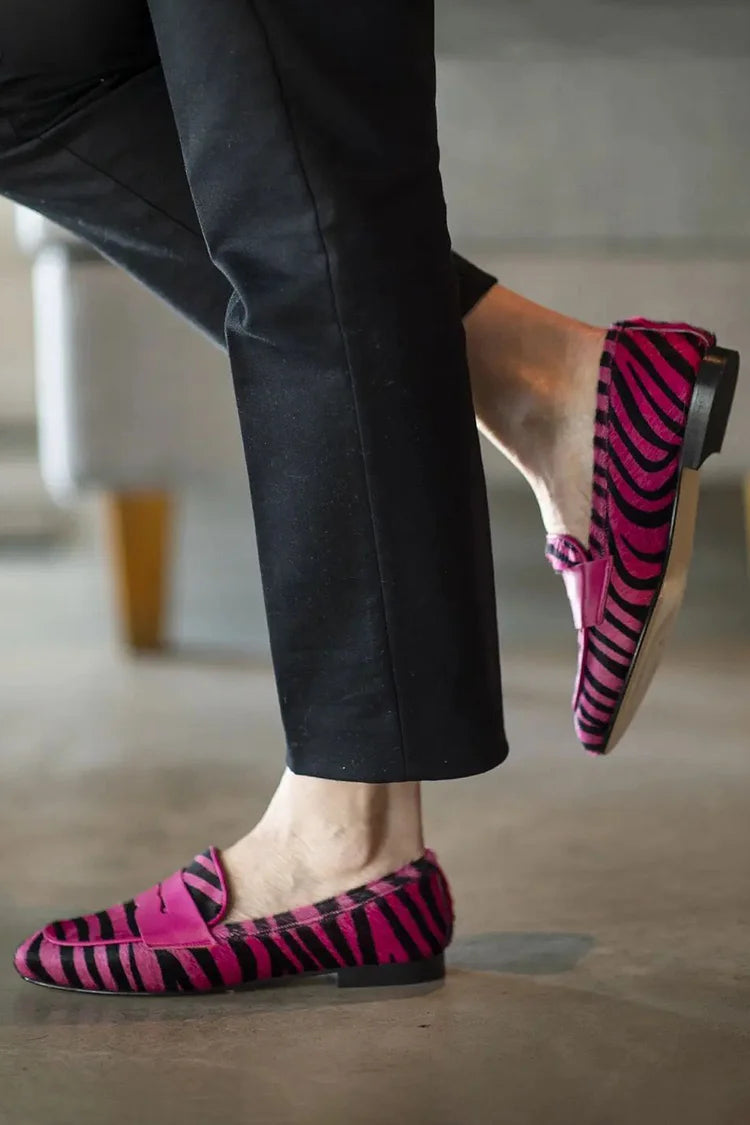 Patchwork Round Toe Zebra Print Fuchsia Loafers [Pre Order]