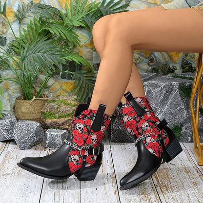 Roses Skull Print Chain Decor Pointed Toe Chunky Heel Ankle Boots