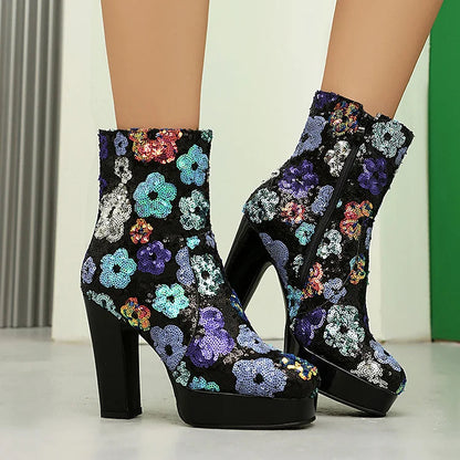 Multicolor Flower Sequins Square Toe Chunky Heel Ankle Boots