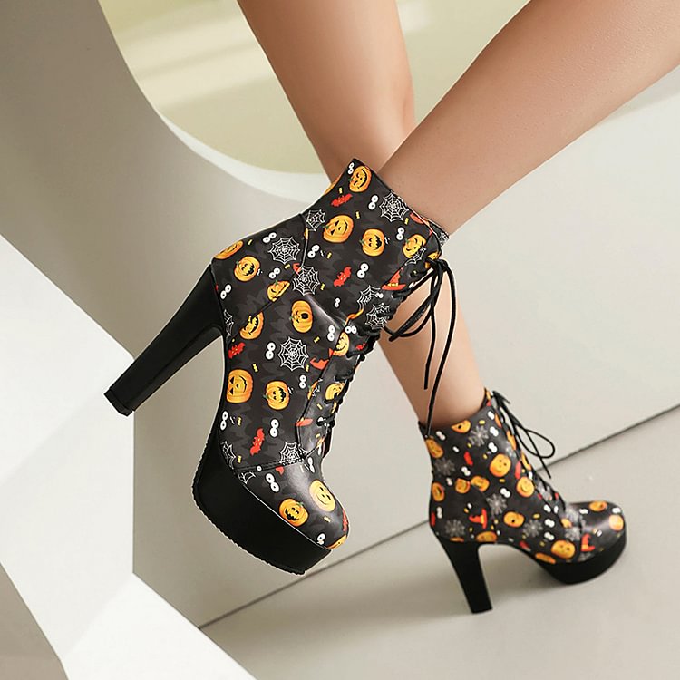 Halloween Scary Pumpkin Print Chunky Heel Lace Up Ankle Boots