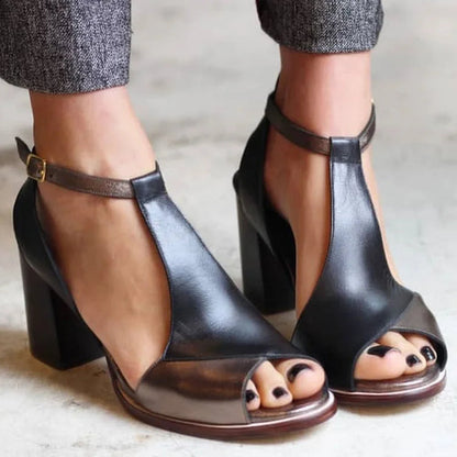 Patchwork Peep Toe Ankle Strap Black Chunky Heels