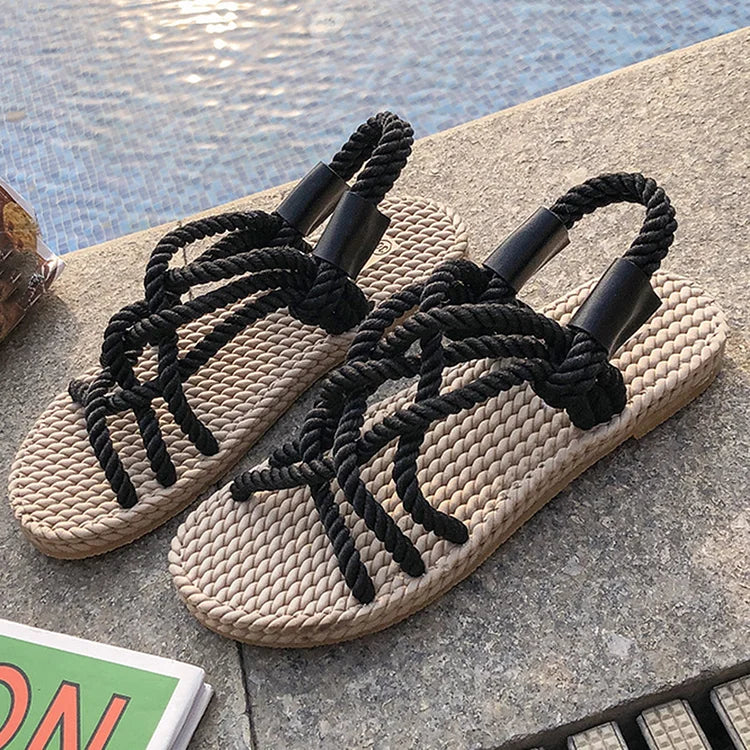 Criss Cross Slingback Crochet Rope Strap Plain Casual Sandals