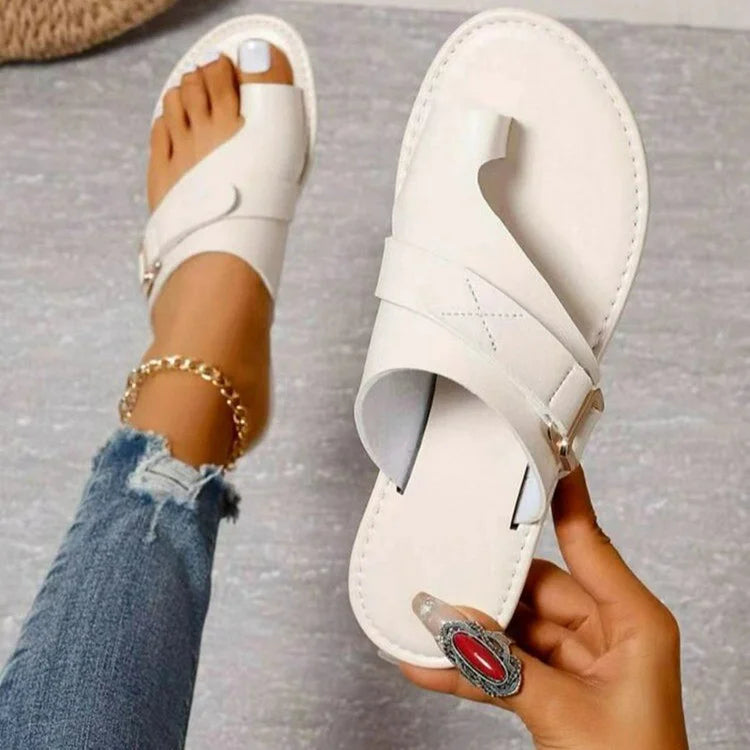 Belt Buckle Patchwork Seam Toe Ring Plain Slippers