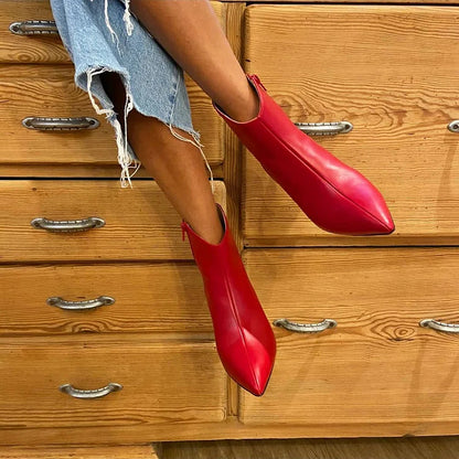 Zipper Solid Color Pointed Toe Kitten Heel Red Ankle Boots [Pre Order]