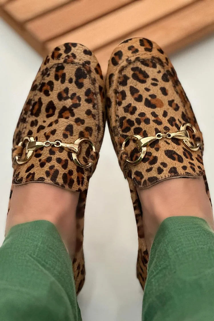 Metal Buckle Decor Leopard Print Khaki Loafers