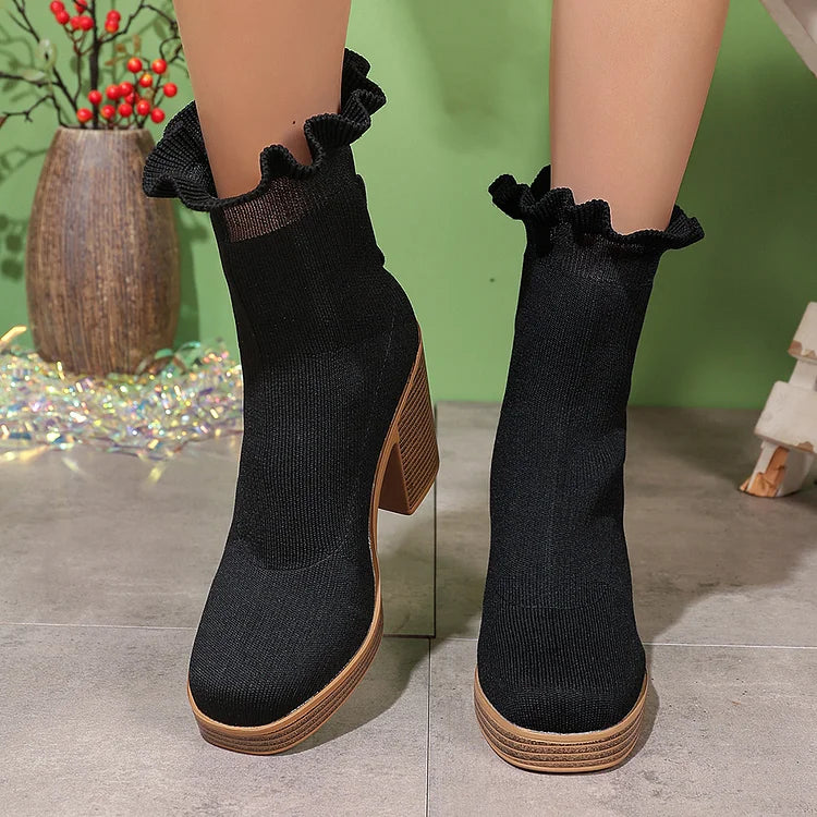 Knitted Frilled Round Toe Chunky Heel Pull On Mid Boots