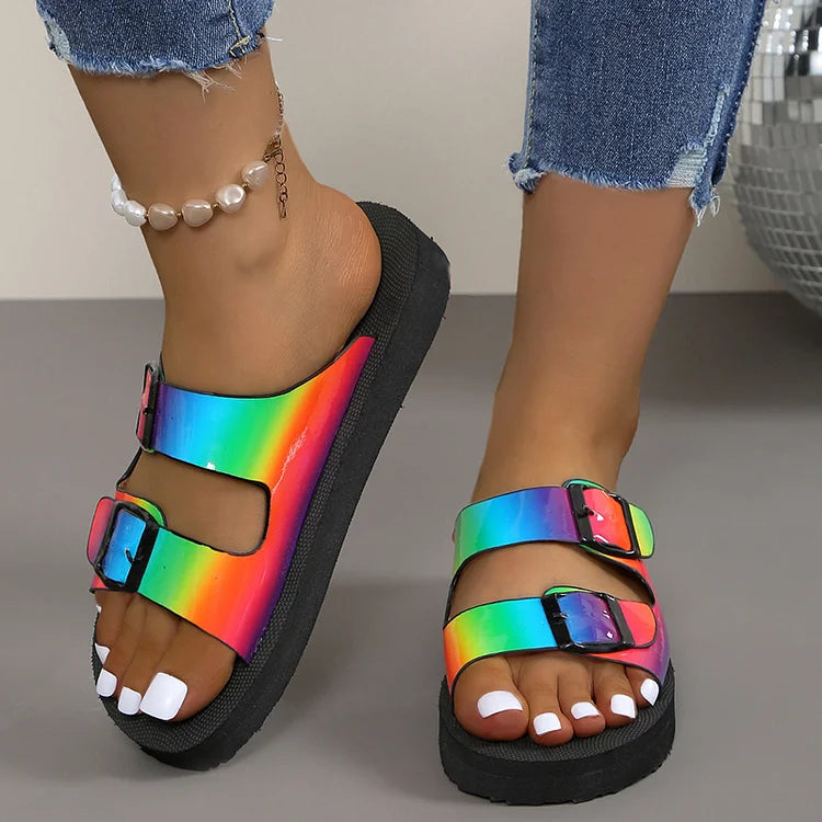 Rainbow Color Buckles Cut Out Round Toe Platform Slippers