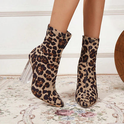 Leopard Print Pointed Toe Chunky Heel Pull On Mid Boots