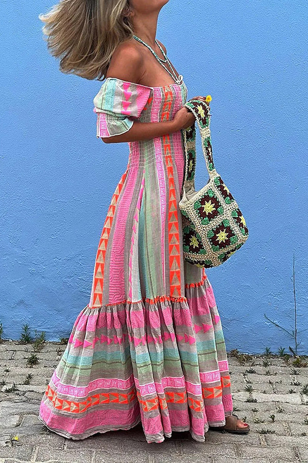 Geometric Color Block Pocketed Smocked Boho Maxi Dress