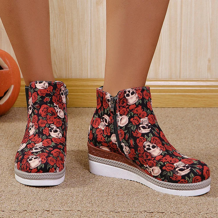 Halloween Roses Skull Print Round Toe Wedge Heel Ankle Boots