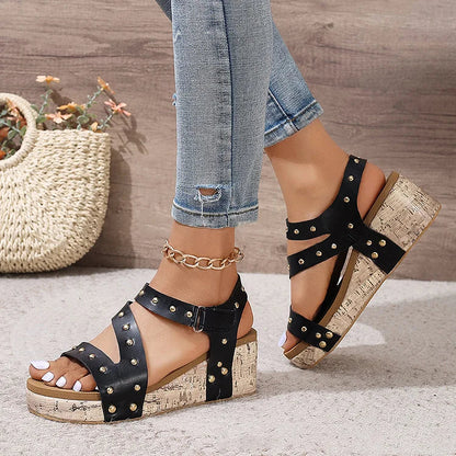 Rivet Decor Plain Cut Out Buckle Peep Toe Wedge Sandals