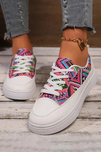 Multicolor Geometric Print Round Toe Canvas Lace Up Sneakers