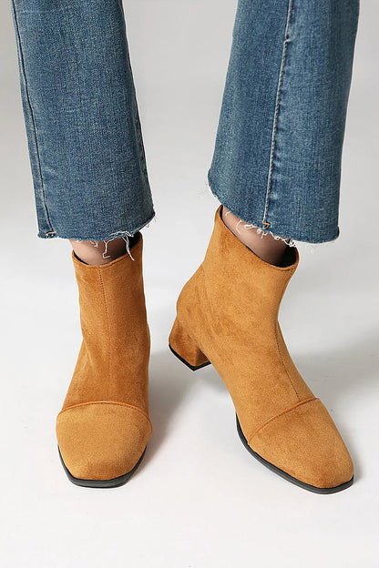 Solid Color Patchwork Square Toe Low Block Heel Ankle Boots