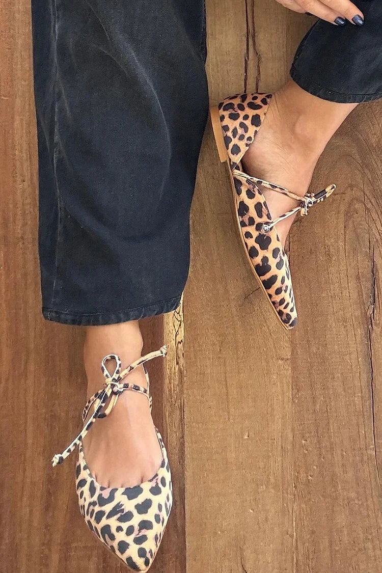 Tied Up Pointed Toe Leopard Print Light Brown Flats [Pre Order]