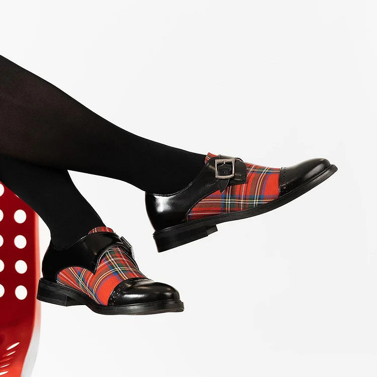 Plaid Patchwork Strap Buckle Round Toe Black Oxfords [Pre Order]