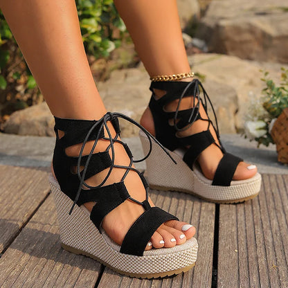 Lace Up Cut Out Peep Toe Braided Platform Wedge Sandals Heels