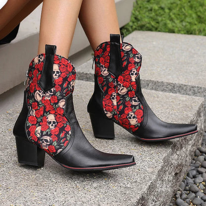 Floral Print Patchwork Chunky Heel Pointed Toe Ankle Boots