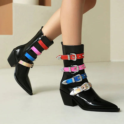 Multicolor Straps Buckles Pointed Toe Chunky Heel Mid Calf Boots