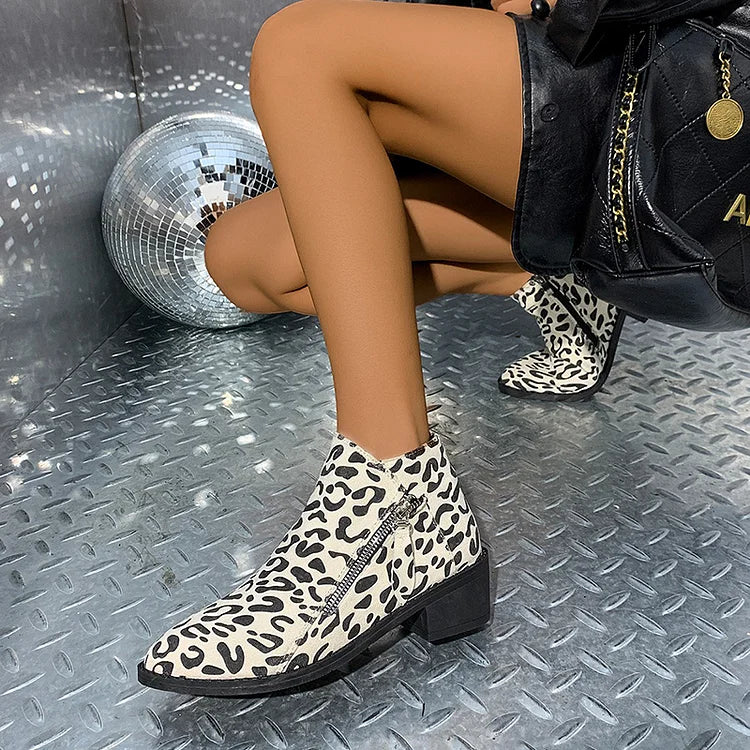 Leopard Print Zipper Pointed Toe Chunky Heel Ankle Boots