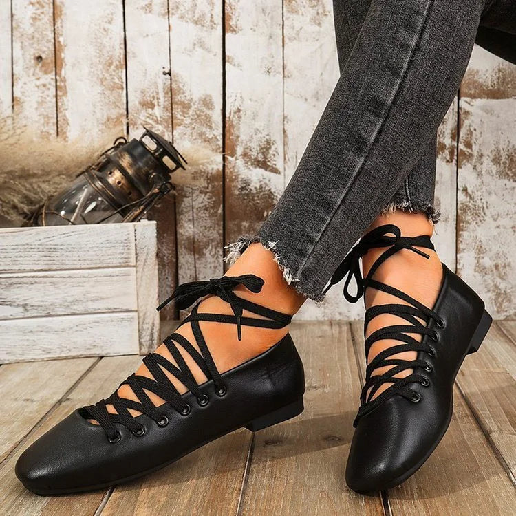 Crossover Lace Up Solid Color Square Toe Elegant Flats