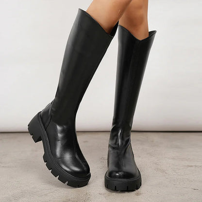 Solid Color Patchwork Zipper Round Toe Chunky Heel Knee High Boots