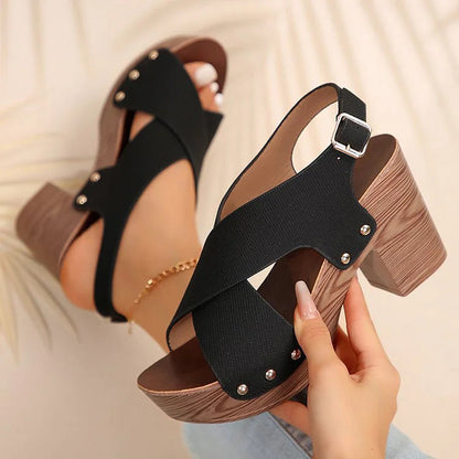 Studded Wood Grain Slingback Strap Buckle Platform Chunky Heels