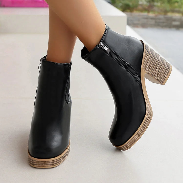 Zipper Patchwork Round Toe Chunky Heel Ankle Boots