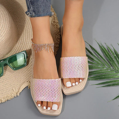 Crochet Hollow Out Instep Belt Square Toe Textured Slippers