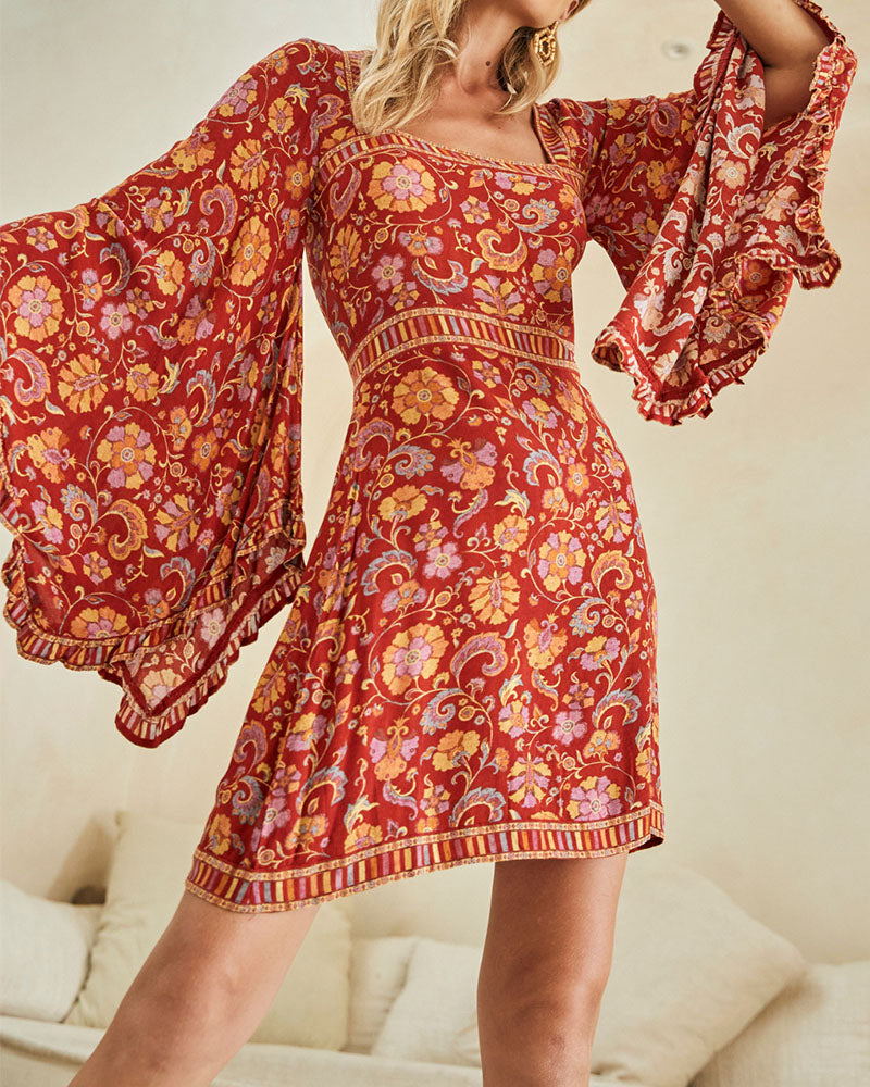 Square neck bell sleeves printed dress