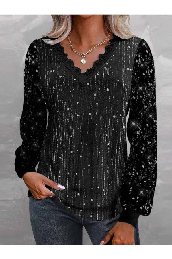 Casual Vintage Sequins V Neck Long Sleeve Loose Blouse