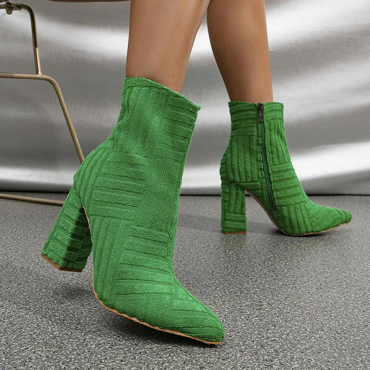 Towelling Finish Pointy Toe Mid Calf Chunky Heels Boots