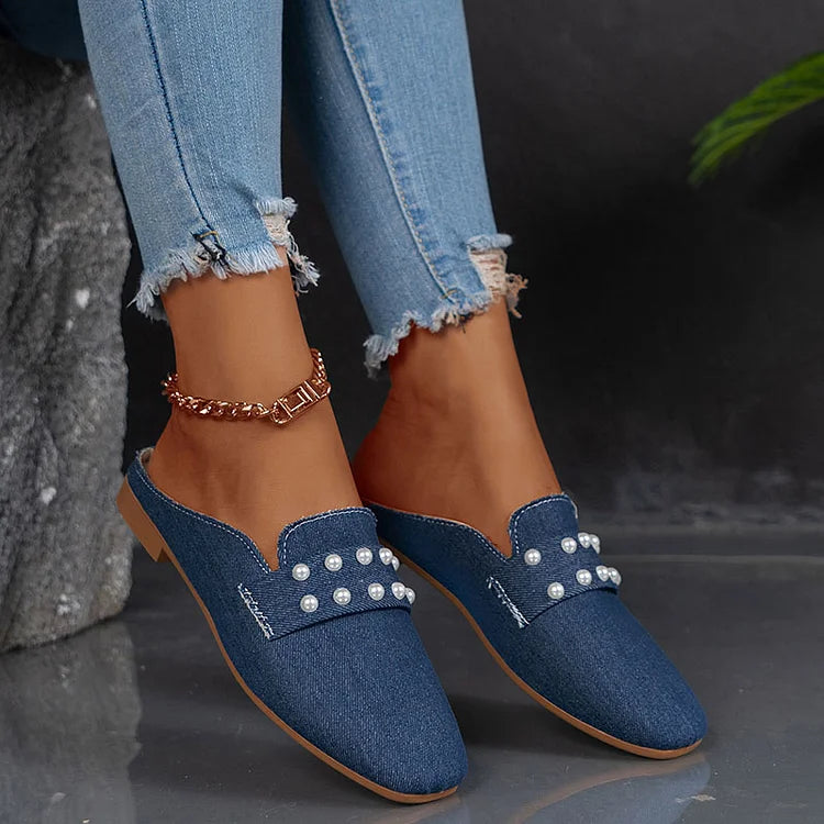 Pearl Beads Decor Solid Color Square Toe Canvas Mules