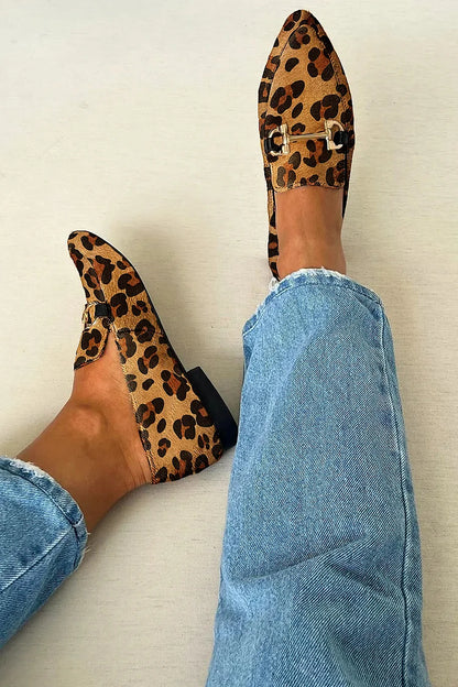 Leopard Pattern Print Metallic Buckle Pointy Toe Khaki Loafers