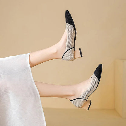 Knit Mesh Color Block Pointed Toe Elegant Chunky Heels