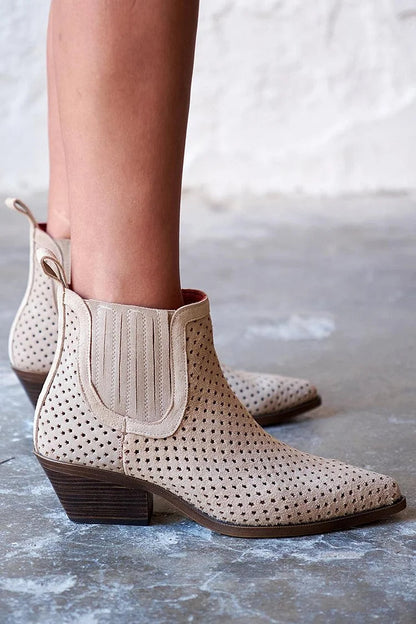 Hollow Out Patchwork Pointed Toe Beige Ankle Boots [Pre Order]