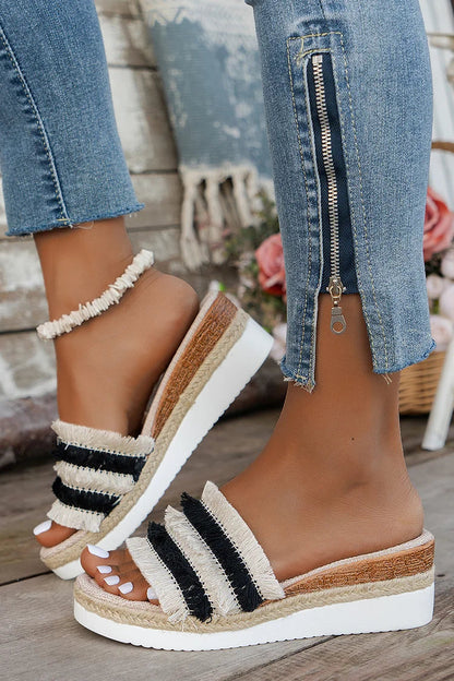 Tassels Trim Striped Espadrille Platform Wedge Outdoor Slippers