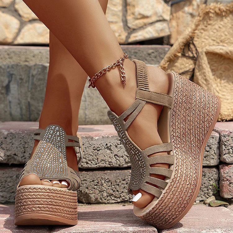 Rhinestone Embellished Hollow Elastic Band Platform Textured Wedge Sandals