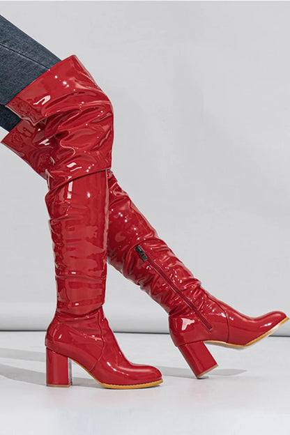 Solid Color Round Toe Chunky Heel Patchwork Zipper Over The Knee Boots