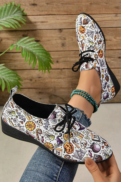 Halloween Skull Wizard Hat Print Round Toe Lace Up Casual Shoes