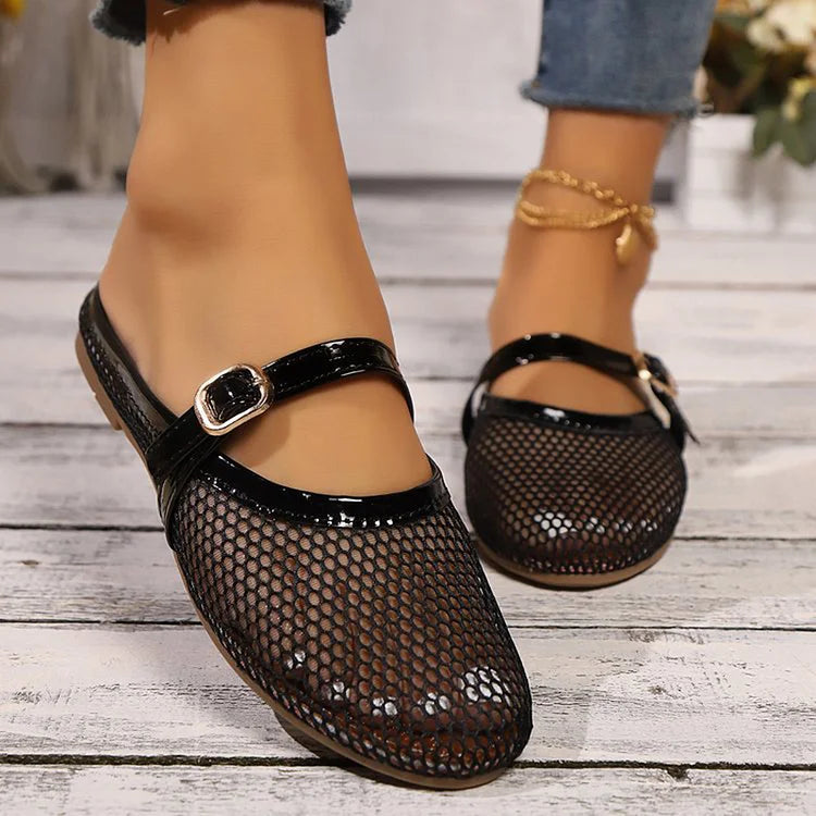 Hollow Out Mesh Instep Strap Plain Casual Round Toe Flats