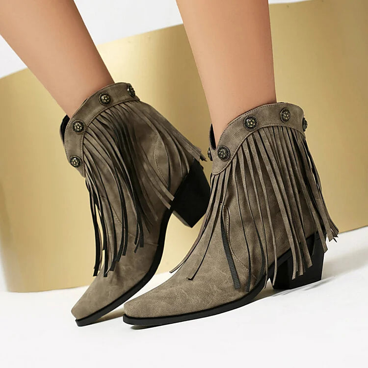 Fringed Trim Metallic Studded Square Toe Chunky Heel Ankle Boots