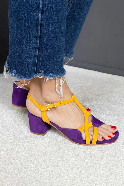 Irregular Colorblock Patchwork Square Toe Purple Chunky Heels