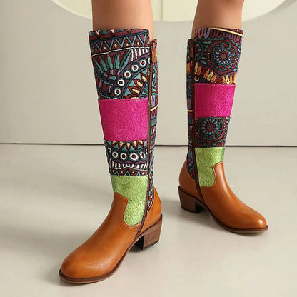 Colorblock Patchwork Tribal Pattern Round Toe Mid Calf Boots