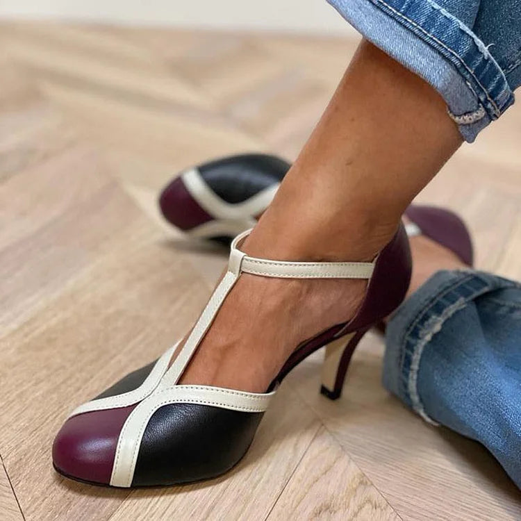 Contrast Color Block T-Strap Round Toe Stiletto Heels