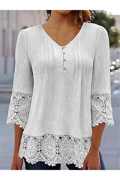 V-neck Plain Lace 3/4 Sleeve Loose Blouse